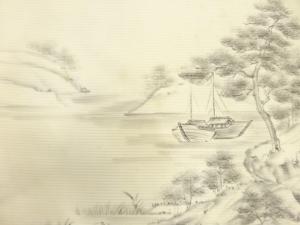 アンティーク　絽　手描き　水辺風景模様名古屋帯